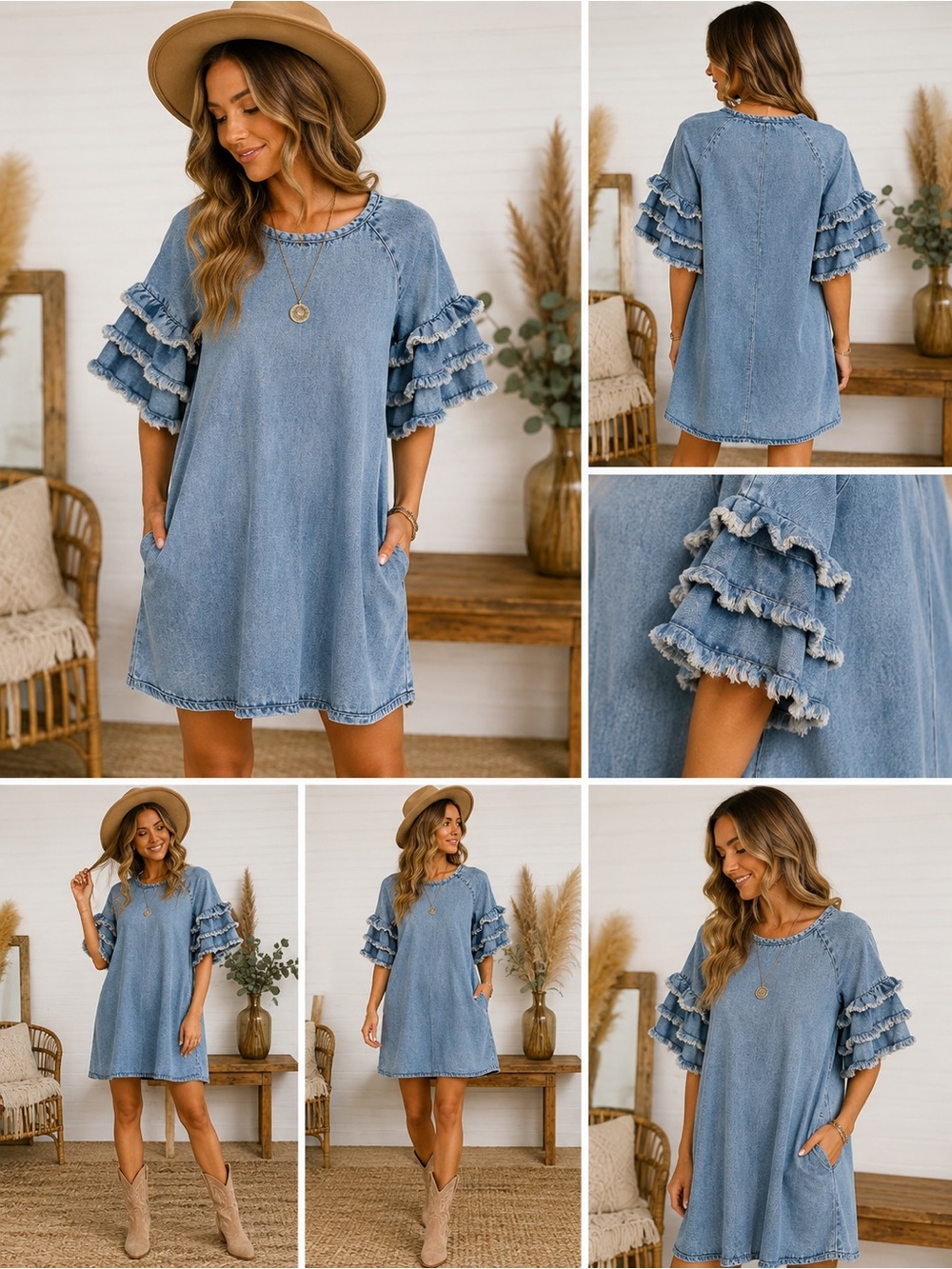 Umgee Light Denim Blue Ruffle-Sleeve shift Dress